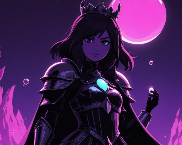 Confident female character in black armor at twilight
