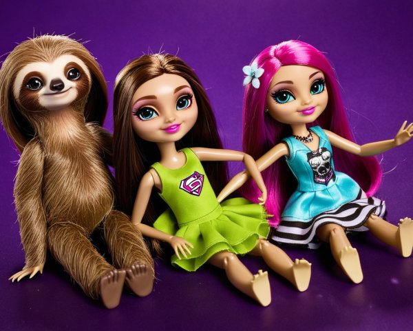 Colorful Dolls and Playful Sloth in Whimsical Scene