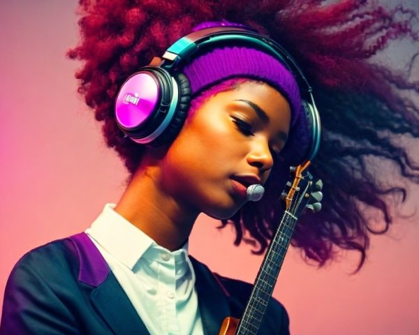 Young woman with purple hair and guitar in gradient background