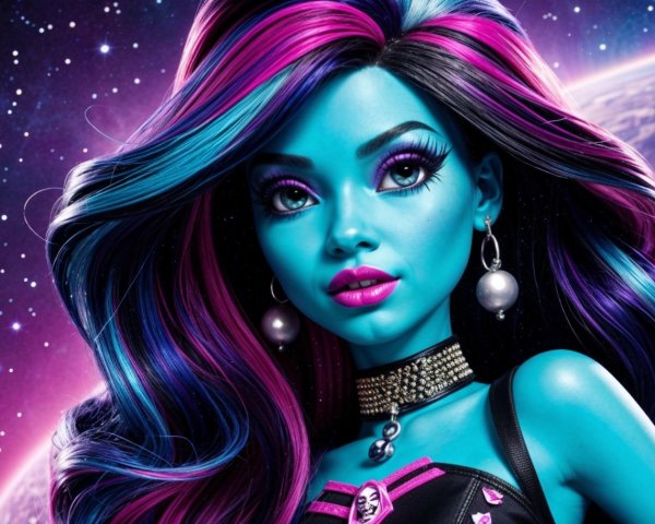 Vibrant Blue-Skinned Doll with Cosmic Theme