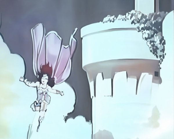 Dynamic superheroine soaring above a fortress in clouds