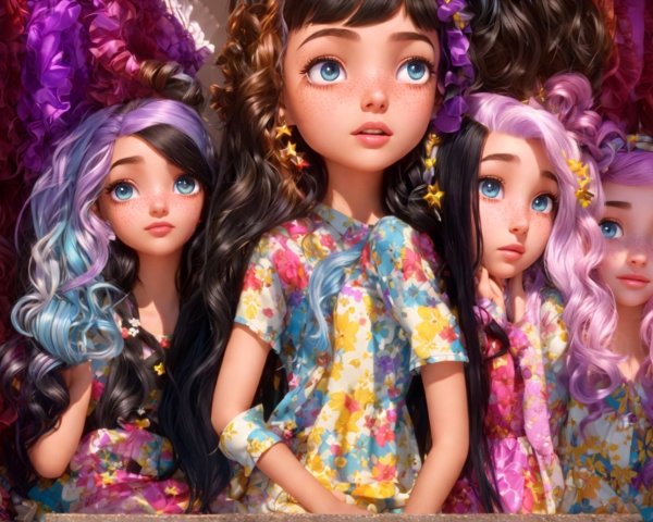 Doll-like Characters in Floral Outfits and Pastel Colors