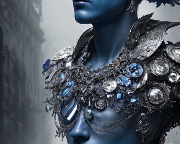 Blue-Skinned Figures in Ornate Armor and Jewelry