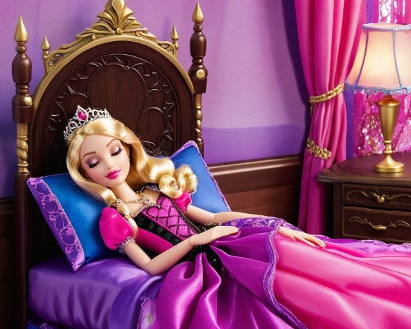 Doll in Purple Gown on Lavish Bed with Elegant Decor