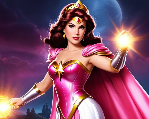 Heroic Figure in Pink Costume with Energy Orbs