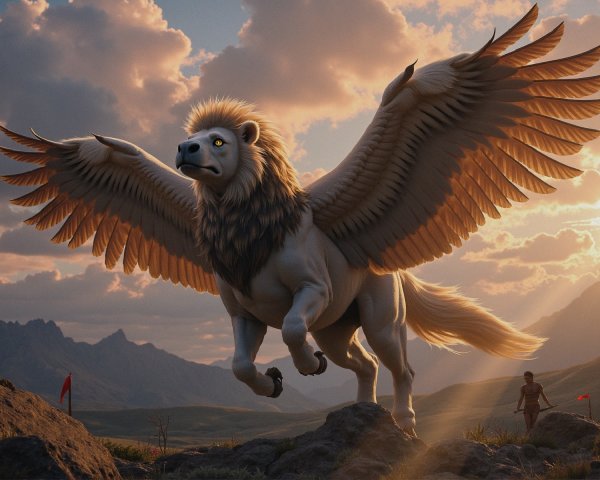 Majestic Winged Lion Soaring Above Rugged Landscape