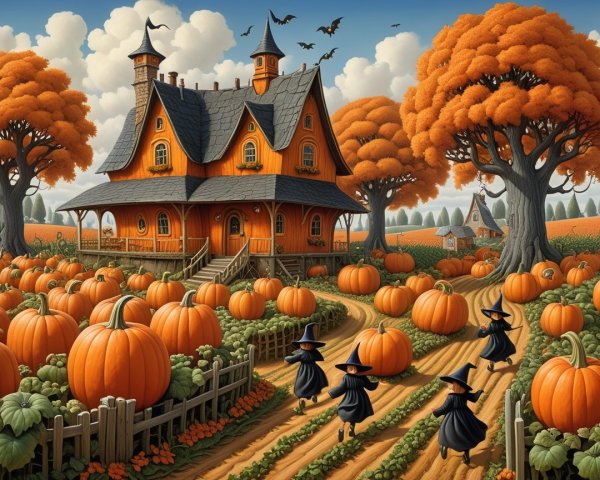 Whimsical Autumn Scene with Pumpkins and Children