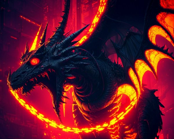Black Dragon with Red Eyes in Fiery Cityscape