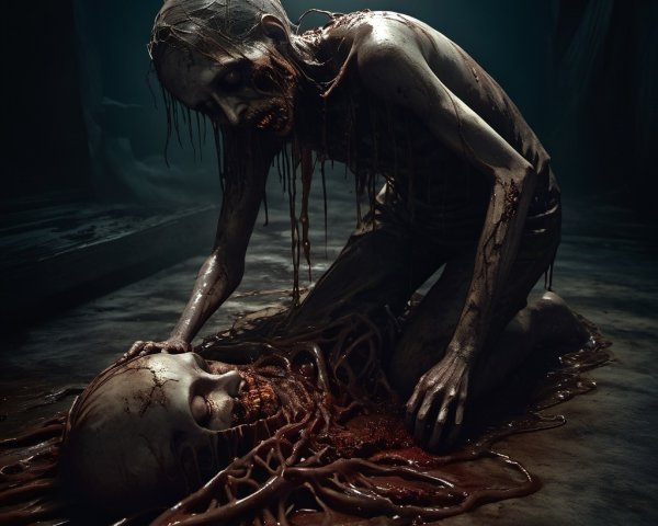 Skeletal Figure Entwined with Lifeless Form in Darkness
