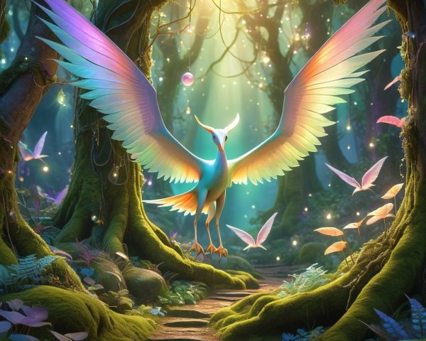 Rainbow-colored bird in a mystical forest setting