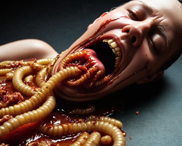 Dramatic Scene of Agony with Worms and Blood-Like Liquid