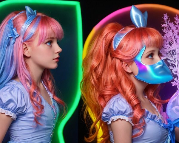 Two girls in colorful costumes with vibrant backgrounds