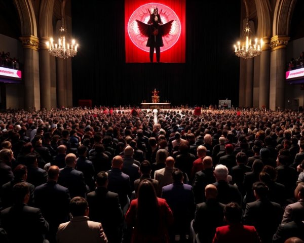 Crowd in Grand Hall with Dramatic Stage and Red Backdrop