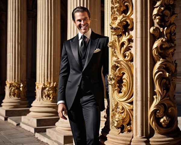 Stylish Man in Black Suit by Ornate Golden Column