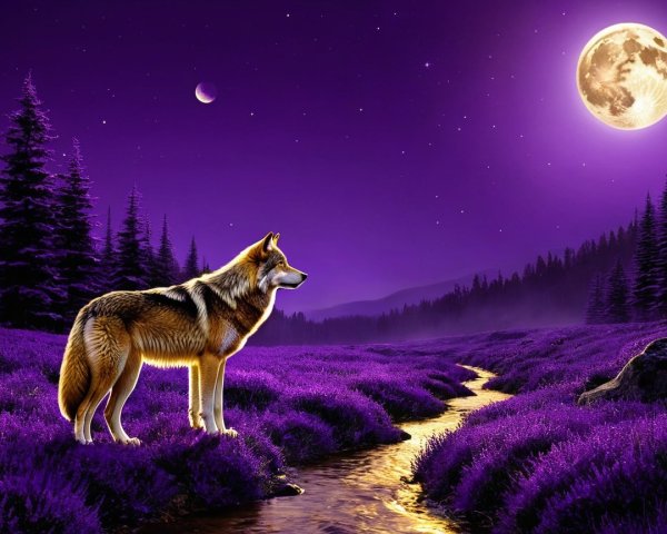 Wolf by Stream in Vibrant Purple Landscape at Night