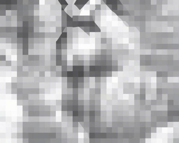 Pixelated Figure in Grayscale Against Cloudy Background