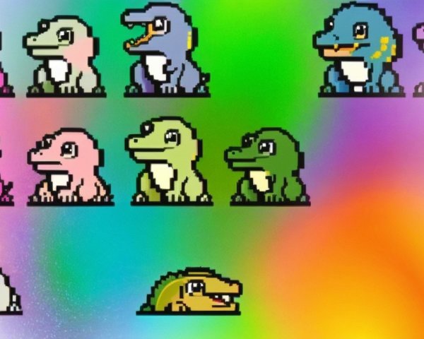 Colorful Pixel Art Dinosaurs on Rainbow Background
