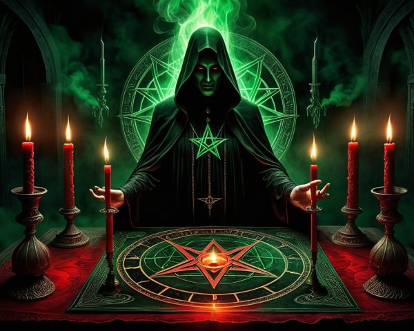 Hooded Figure at Ominous Altar Surrounded by Smoke