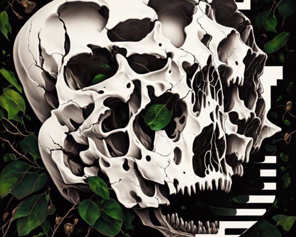Detailed Skull with Green Leaves on Dark Background