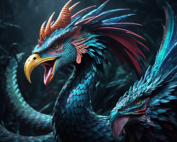 Mythical Birds with Iridescent Feathers and Horns