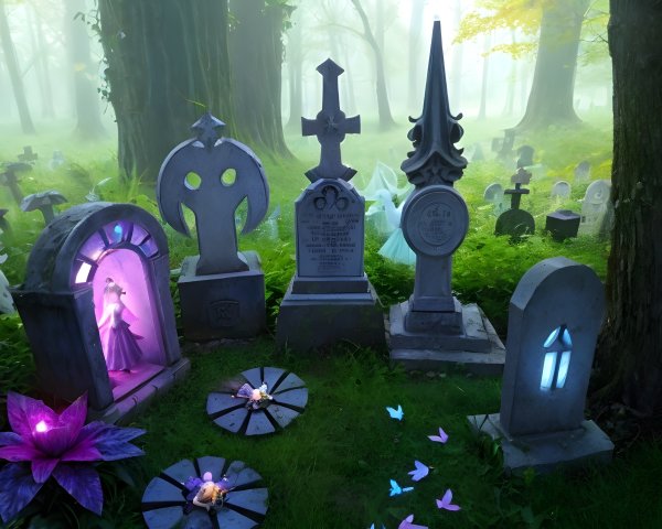 Mystical Forest with Unique Gravestones and Ethereal Glow