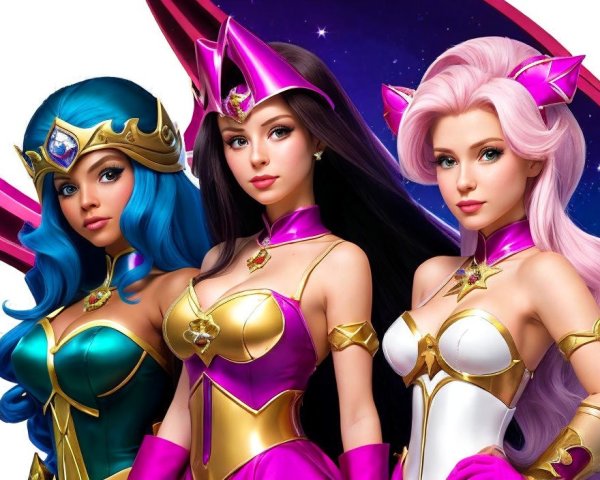 Magical Heroines with Vibrant Hair and Cosmic Theme