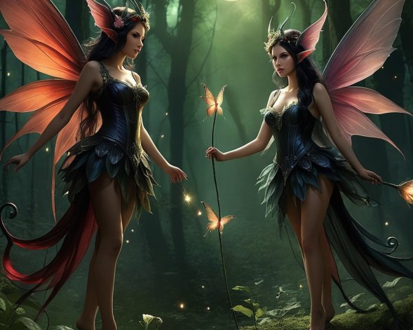 Fairies in a Moonlit Forest with Vibrant Wings