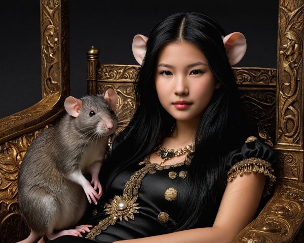 Young Woman on Ornate Throne with Whimsical Elements