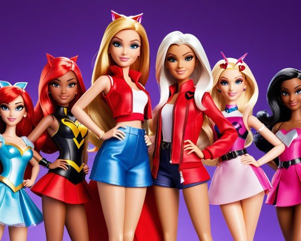 Group of Six Stylish Dolls in Colorful Outfits