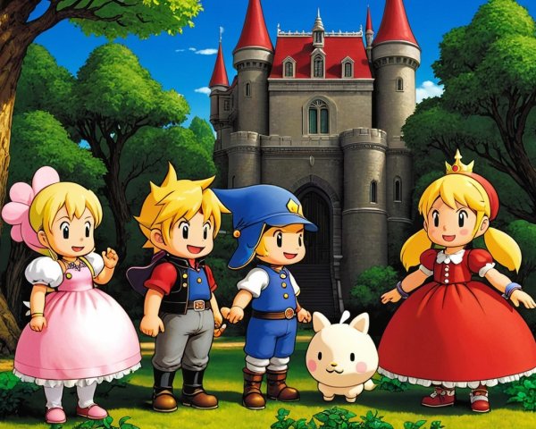 Colorful Animated Scene with Four Characters and Castle