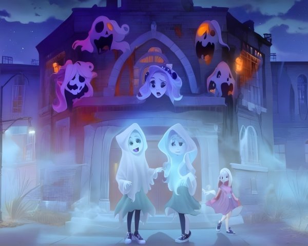 Animated Scene with Playful Ghosts and a Full Moon