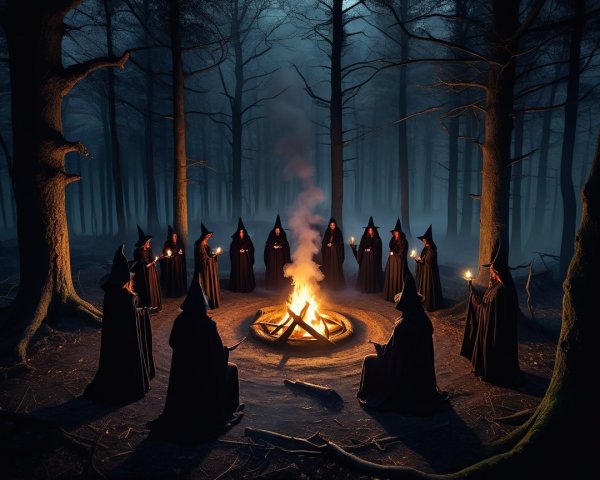 Hooded Figures Gather Around Campfire in Dark Forest