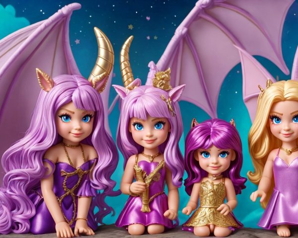 Colorful dolls with whimsical features and accessories