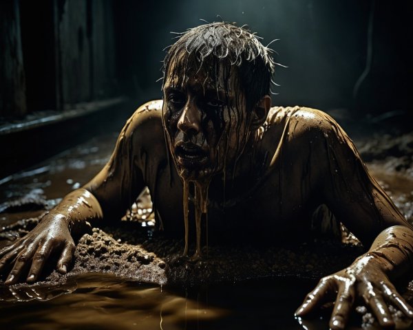 Young man in dark, murky environment showing despair