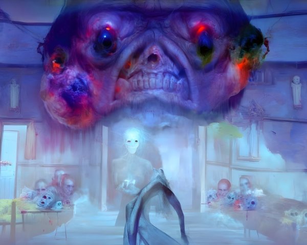 Surreal Landscape with Distorted Face and Ghostly Figure