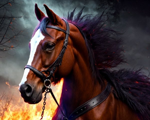 Chestnut Horse in Fiery Smoke and Flame Background