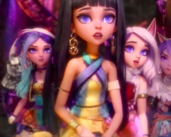 Vibrant Scene with Four Stylized Doll-Like Characters