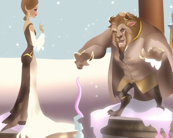 Stylized Illustration of Woman and Beast Encounter