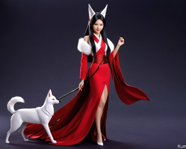 Woman in Red Gown with White Fox in Dark Setting
