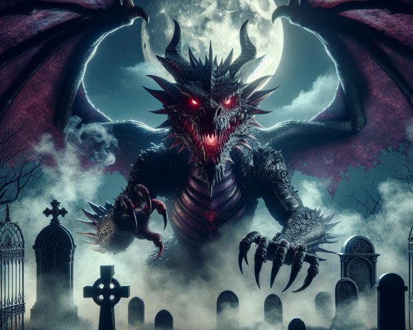 Dragon Over Graveyard with Glowing Red Eyes