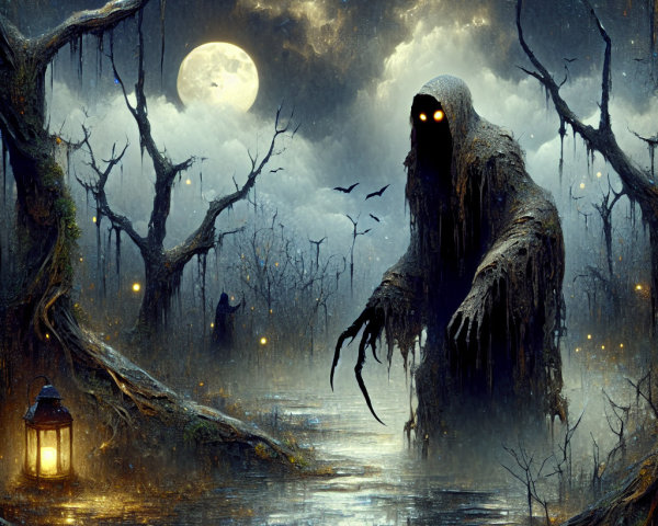 Ghostly Figure in Misty Swamp Landscape at Night