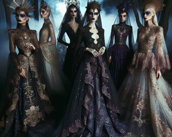 Regal Figures in Elaborate Gowns in Foggy Forest