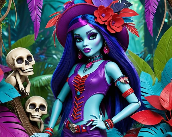 Stylish Doll in Vibrant Jungle with Unique Features