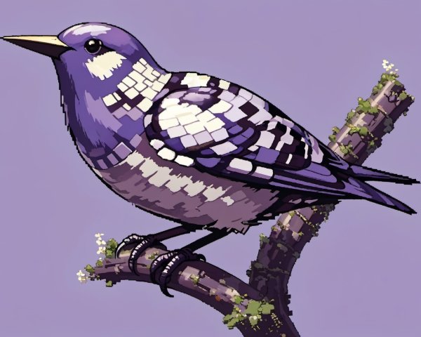 Vibrant Pixel Art Bird on Branch with Flowers