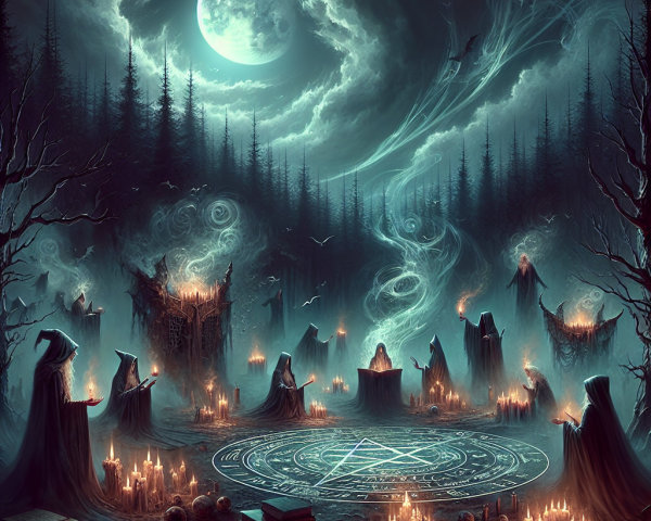 Cloaked Figures Gather Around Glowing Pentagram in Forest
