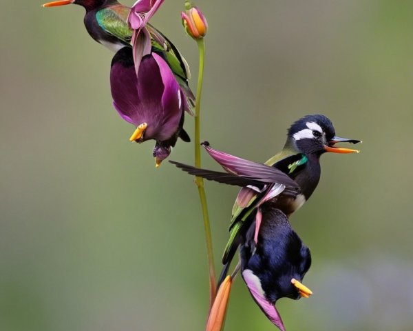Honeyeater Birds on Vibrant Purple Flower Blooms