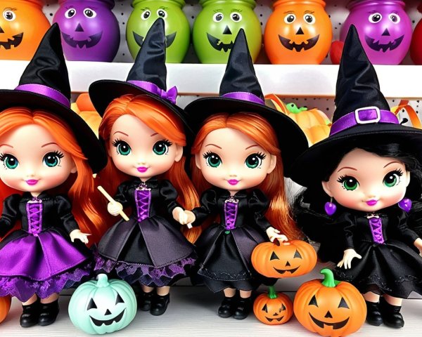 Charming Dolls Dressed as Witches with Halloween Decor