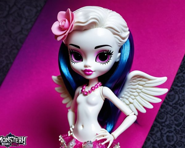 Stylized doll with blue hair and angel wings
