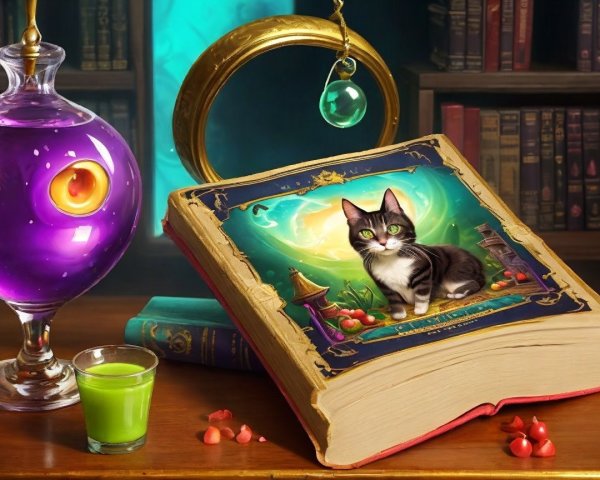 Whimsical Book Scene with Cat and Magical Potions