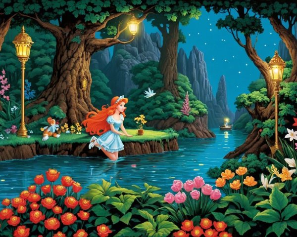 Enchanted Forest Scene with Moonlight and Flowers